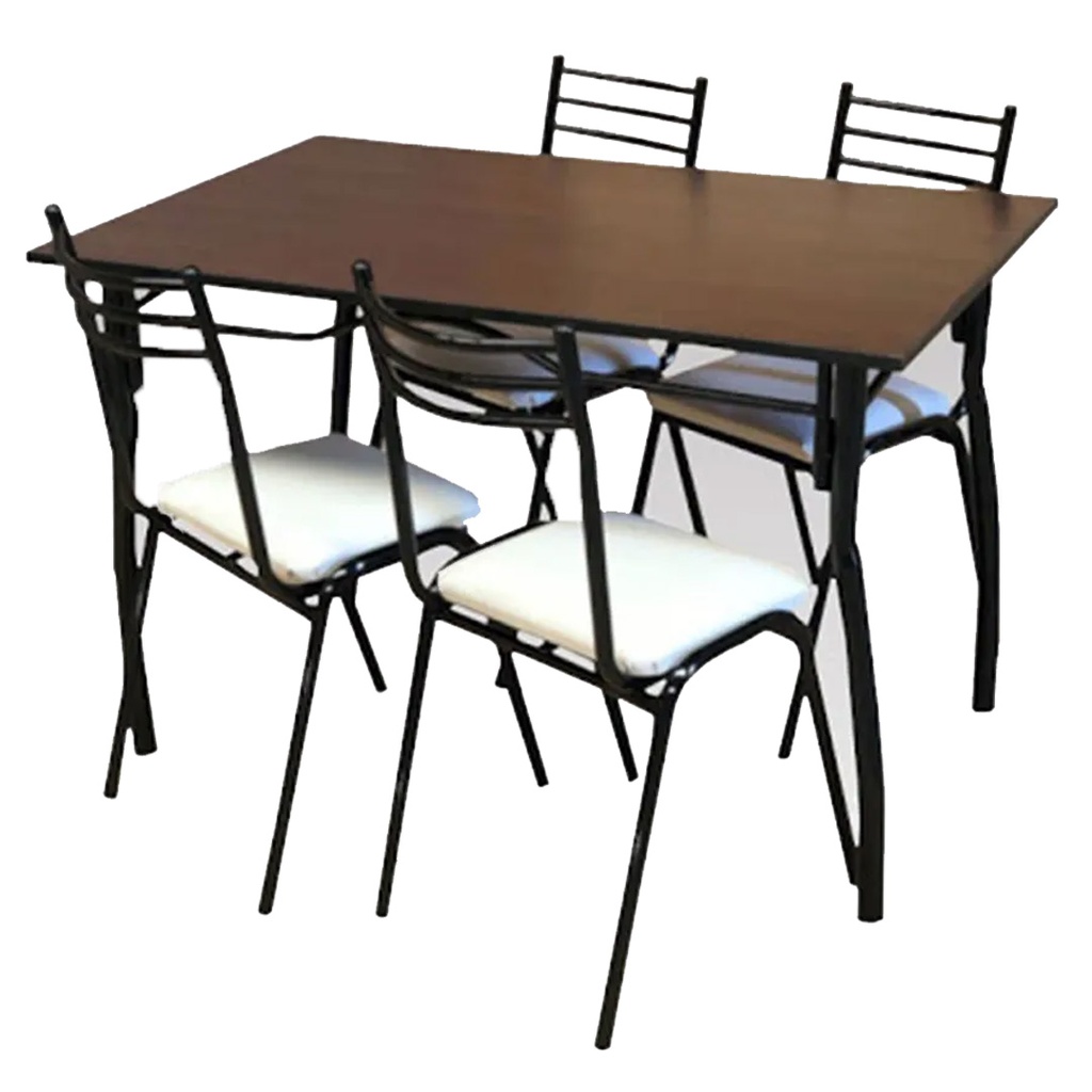 Combo Oferta2 Rina Mesa 120x75 Melamina Wengue + 4 Sillas cuerina beige apilables caño negro/Art con detalles