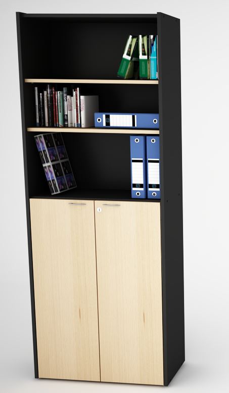 Biblioteca Piro 200x76x35 Melamina 929 con 2 puertas y estantes-negro+haya/Terminado
